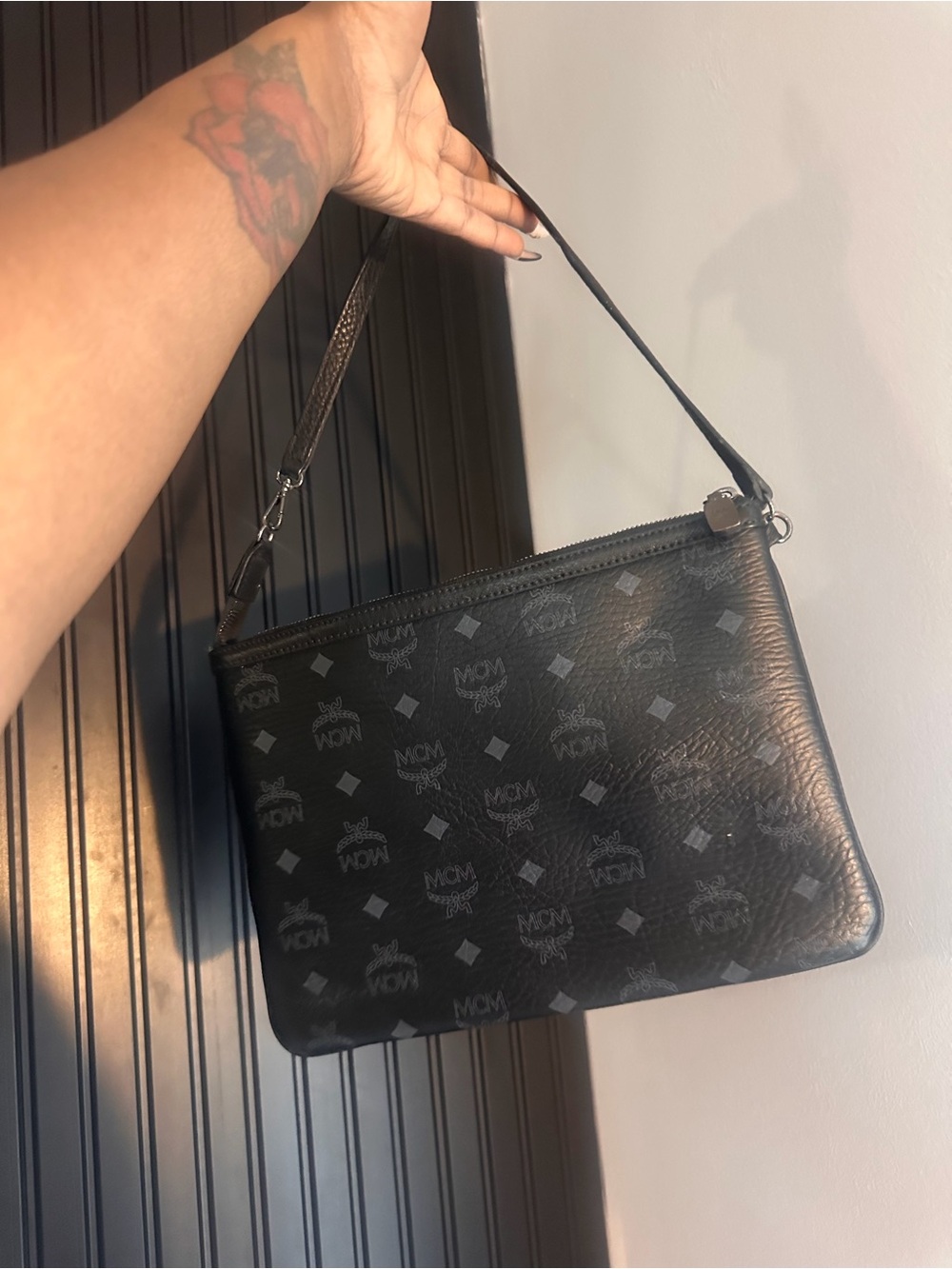 MCM Black Monogram Leather Wrist Strap Pouch